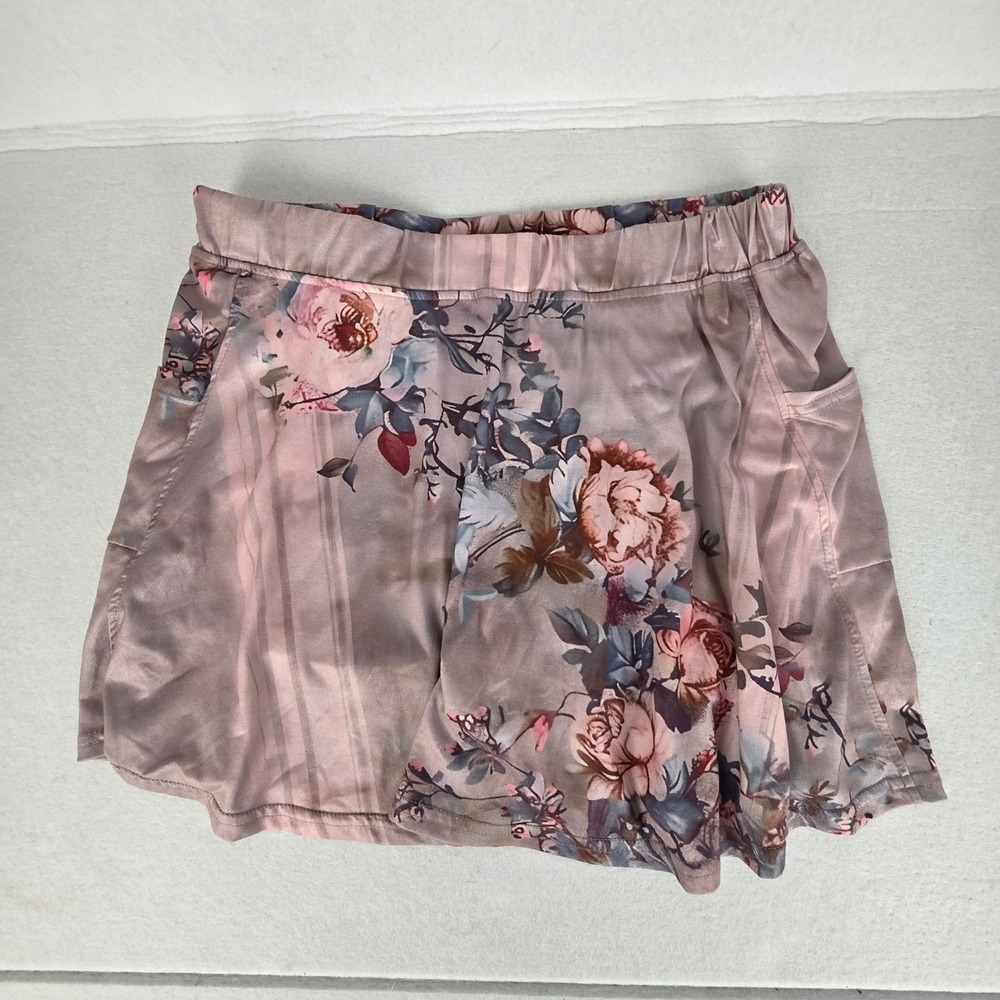 Womens Pink Floral Striped Athletic Skort Satin Finish Mini Skirt Pockets L